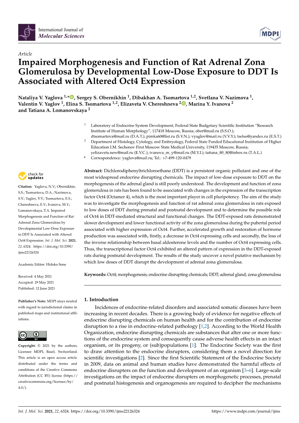 Impaired Morphogenesis and Function of Rat Adrenal Zona Glomerulosa by Developmental Low-Dose Exposure to DDT Is Associated with Altered Oct4 Expression