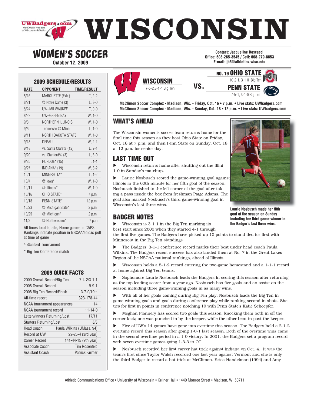 Wisconsin Women's Soccer Wisconsin Combined Team Statistics (As of Oct 11, 2009) All Games