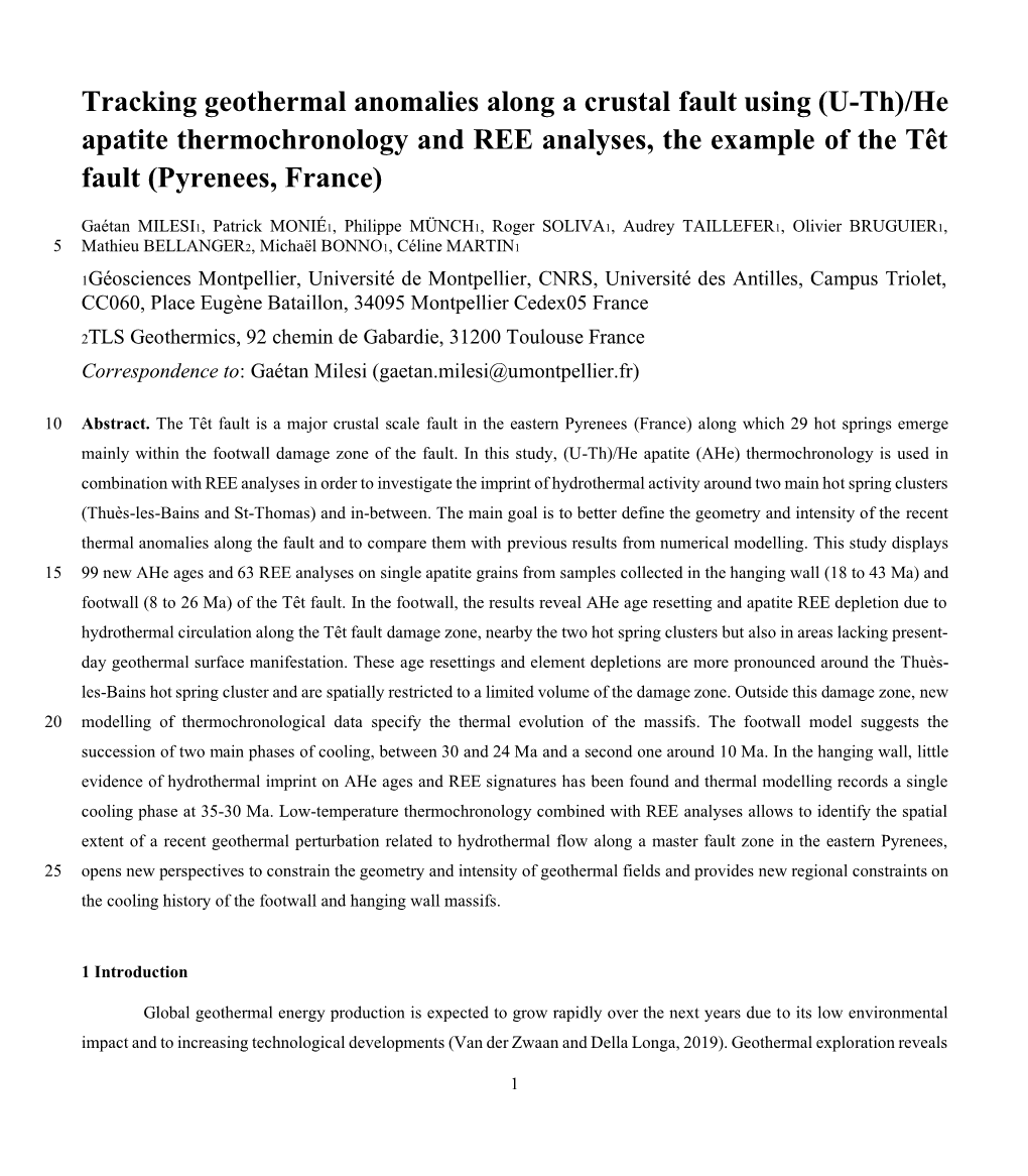Tracking Geothermal Anomalies Along a Crustal Fault Using (U-Th)/He Apatite Thermochronology and REE Analyses, the Example of the Têt Fault (Pyrenees, France)