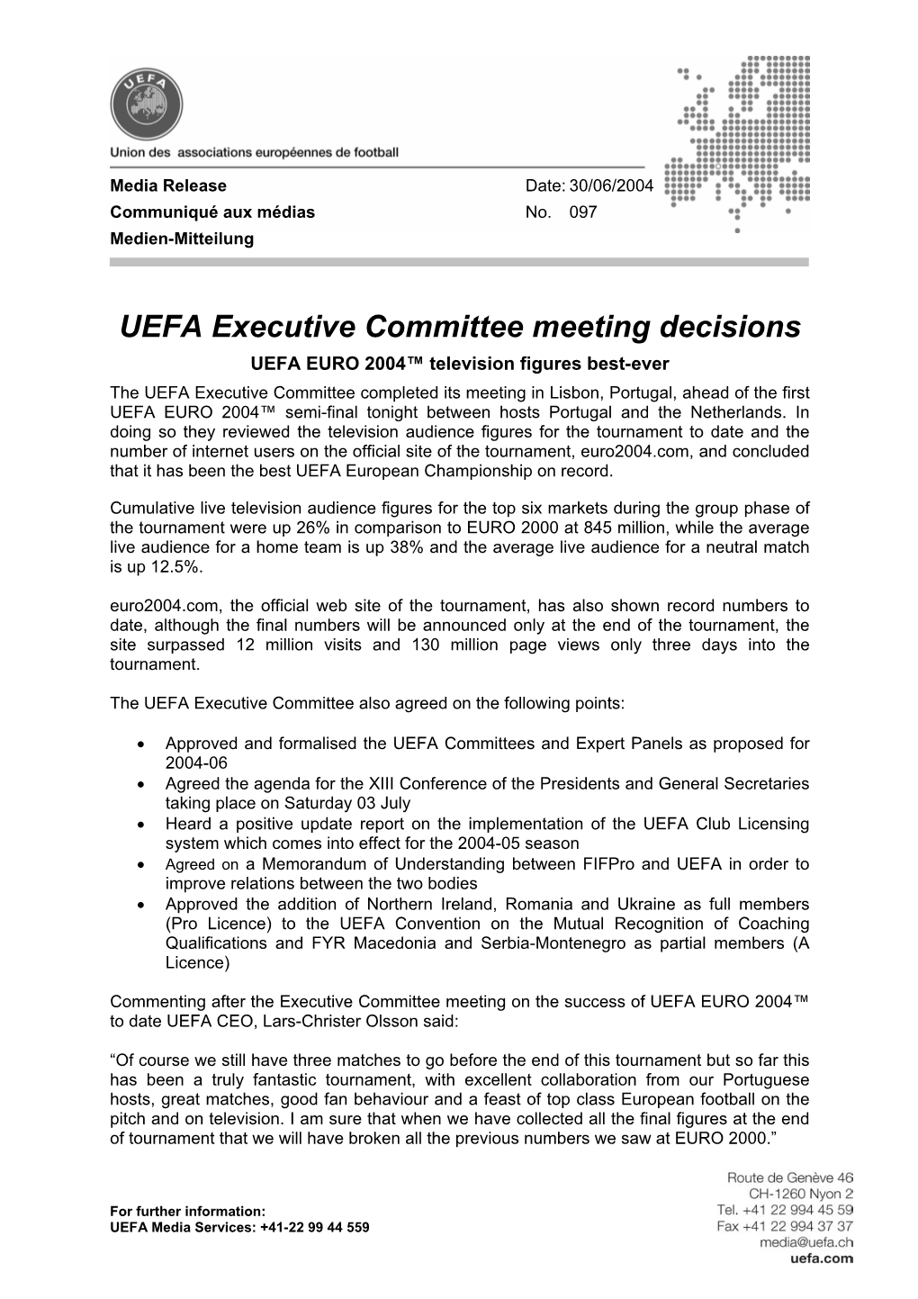 UEFA Executive Committee Meeting Decisions
