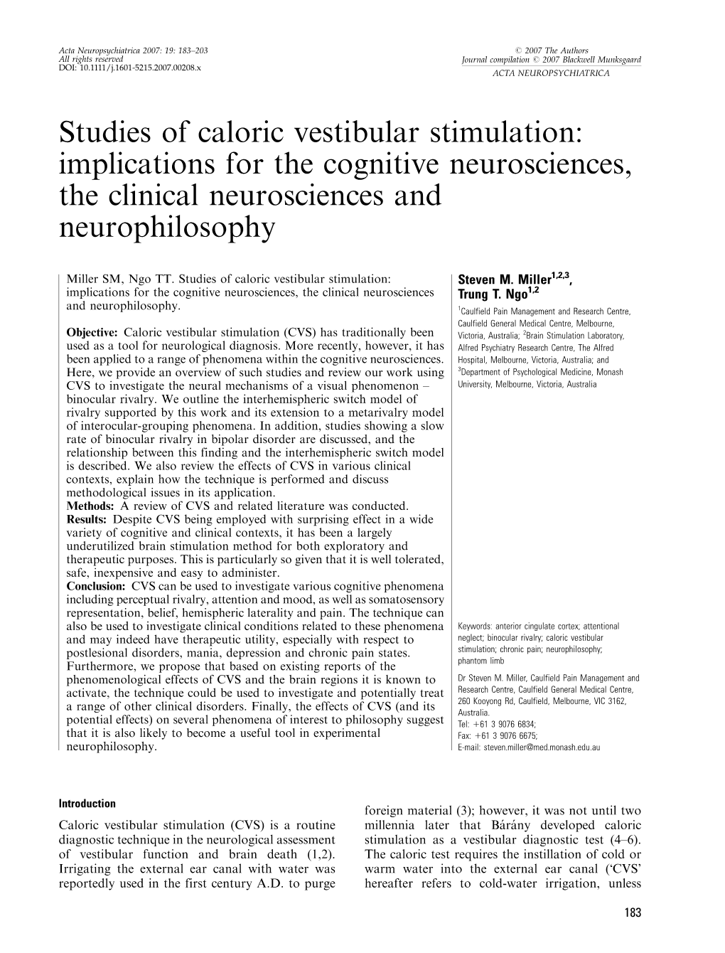 Studies of Caloric Vestibular Stimulation: Implications for the Cognitive Neurosciences, the Clinical Neurosciences and Neurophilosophy