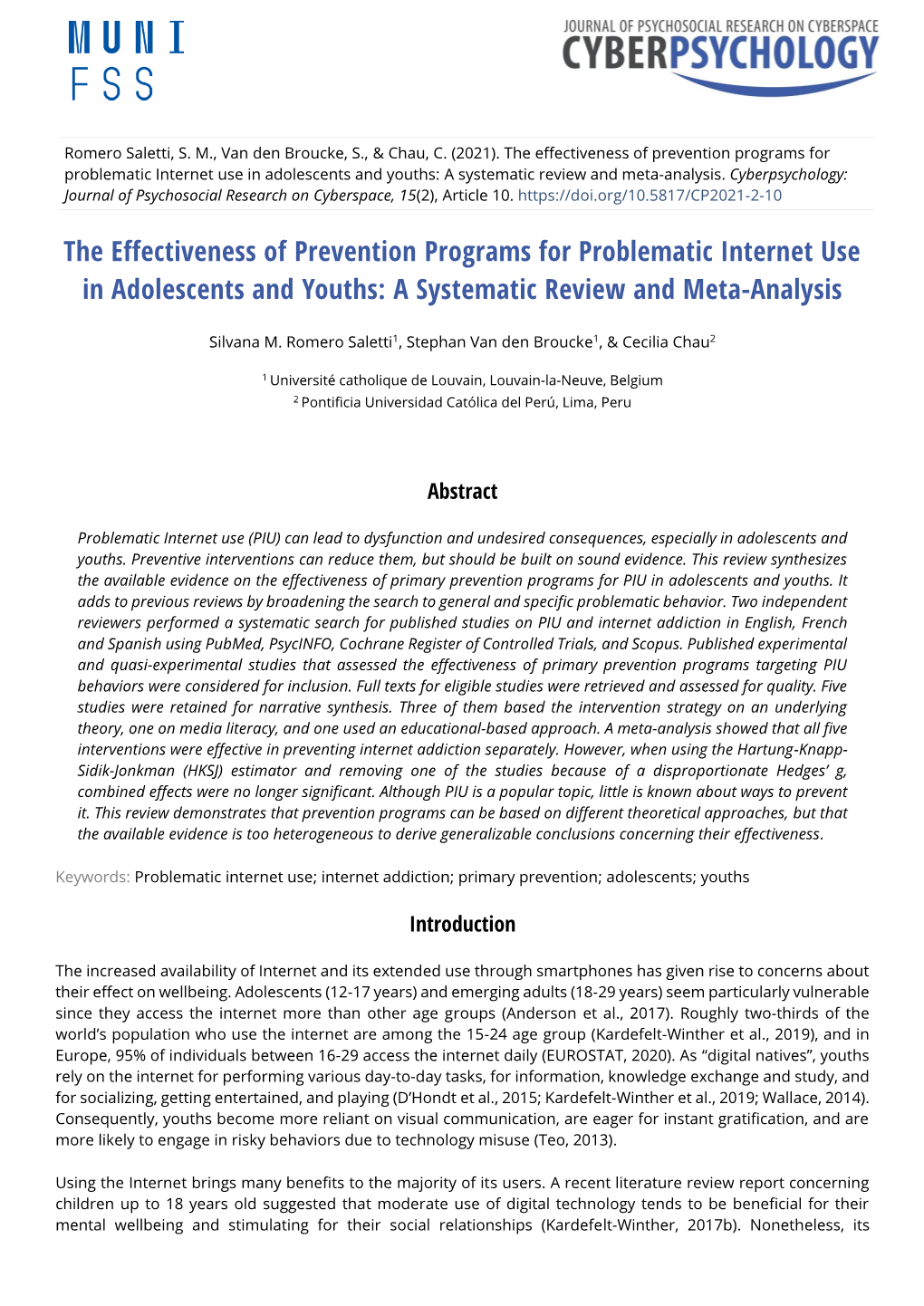 The Effectiveness of Prevention Programs for Problematic Internet Use in Adolescents and Youths: a Systematic Review and Meta-Analysis