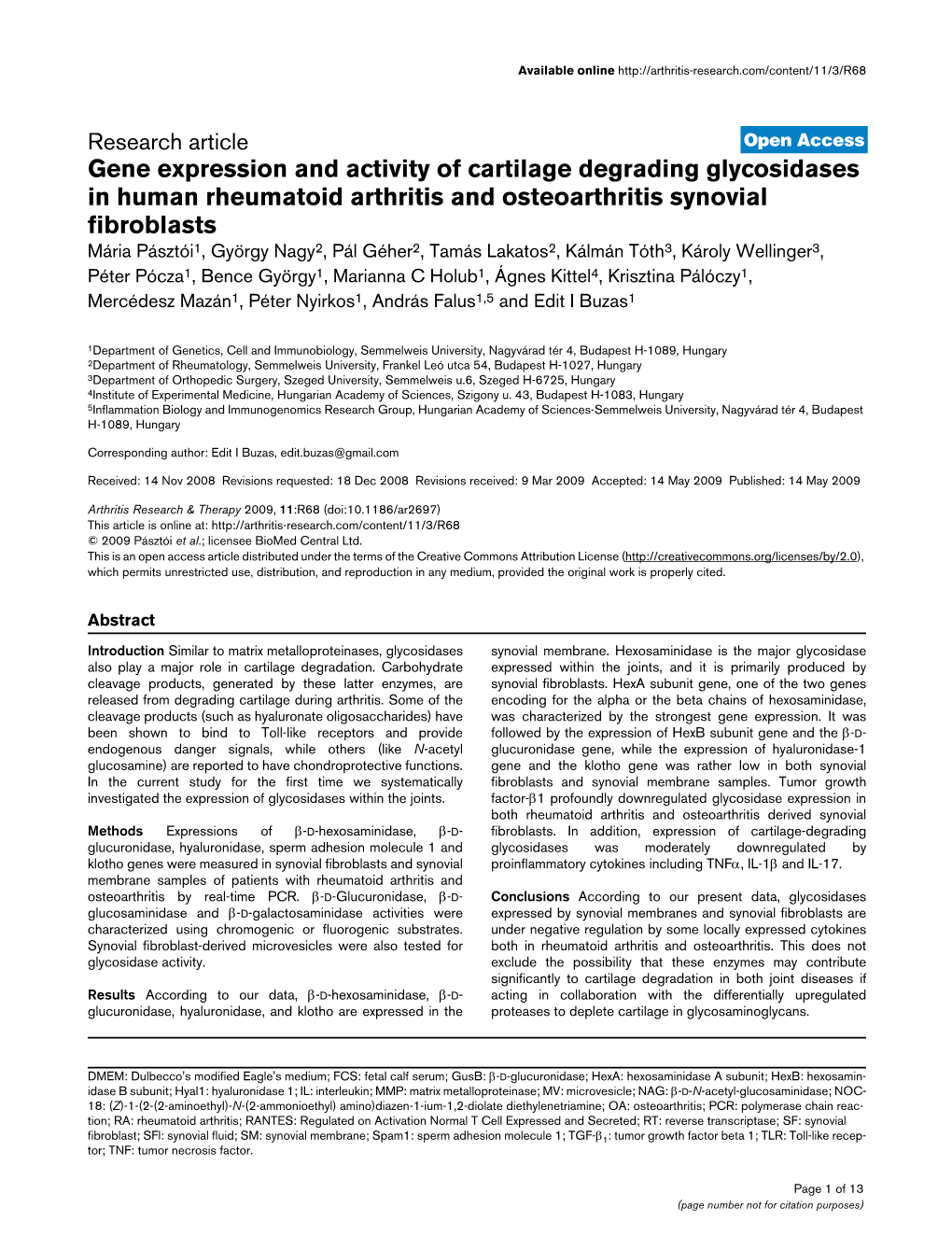 Gene Expression and Activity of Cartilage Degrading Glycosidases In