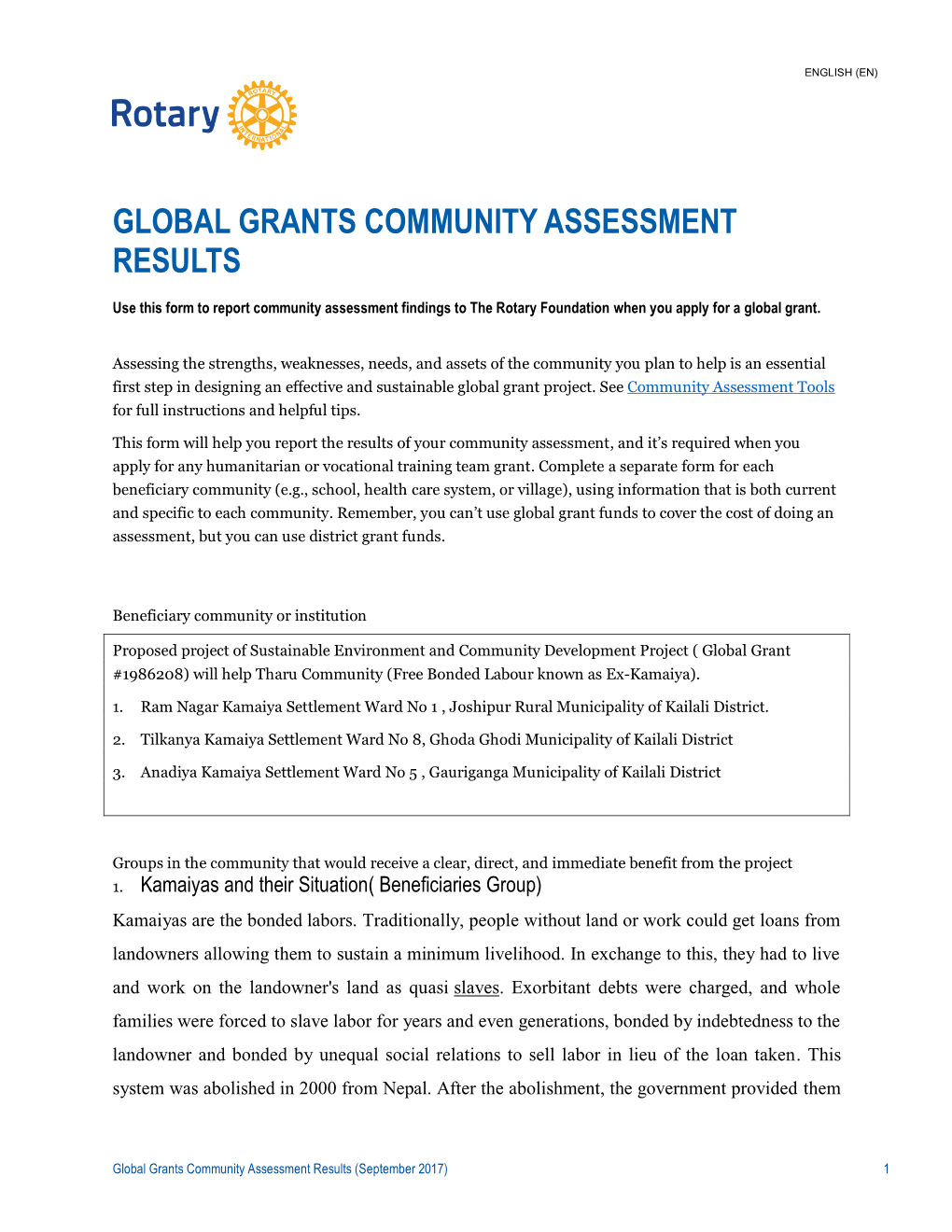 Global Grants Community Assessment Results