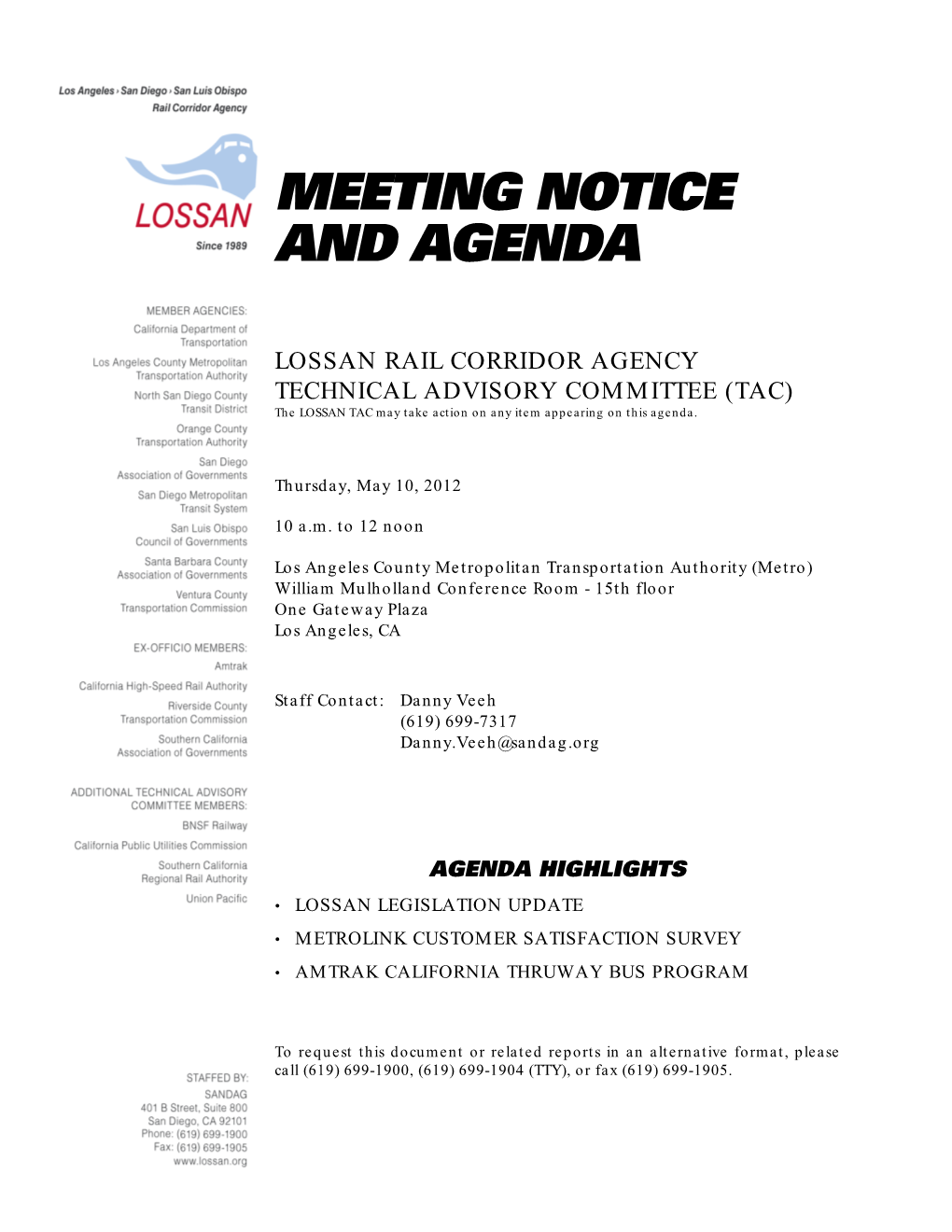 Meeting Notice and Agenda Lossan Rail Corridor Agency