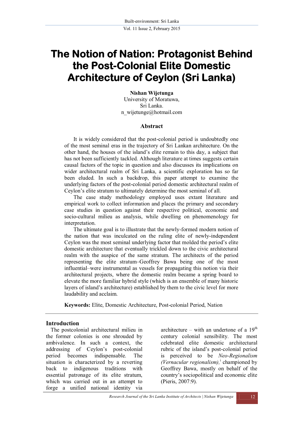 Protagonist Behind the Post-Colonial Elite Domestic Architecture of Ceylon (Sri Lanka)