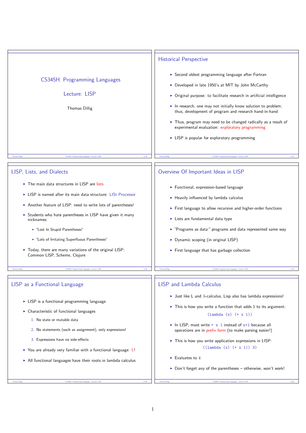 CS345H: Programming Languages Lecture: LISP Historical Perspective