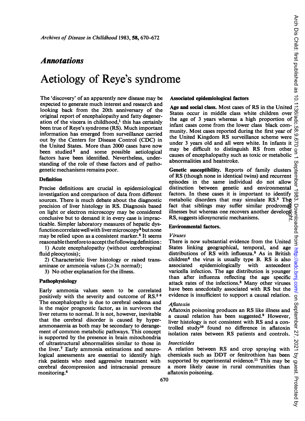 Aetiology of Reye's Syndrome