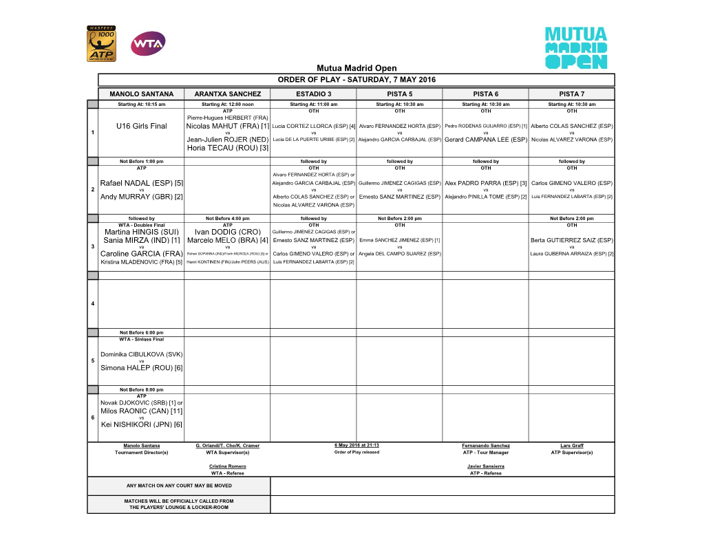 Mutua Madrid Open ORDER of PLAY - SATURDAY, 7 MAY 2016