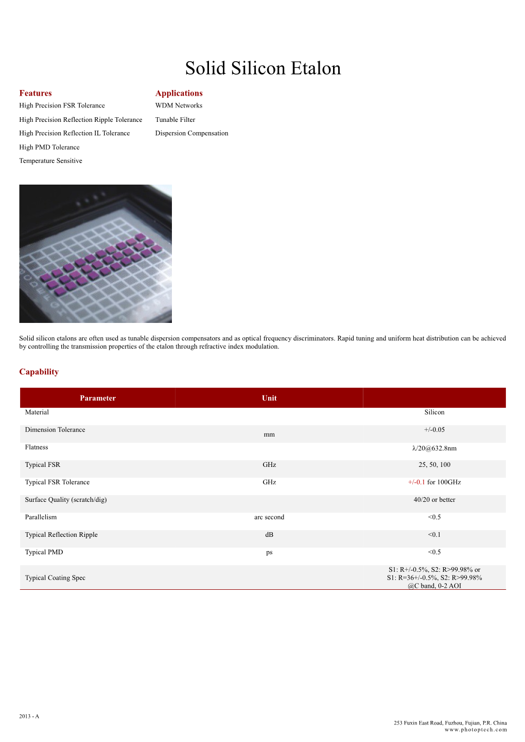 Solid Silicon Etalon