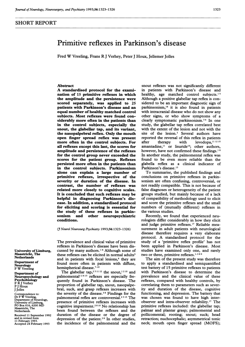 Primitive Reflexes in Parkinson's Disease