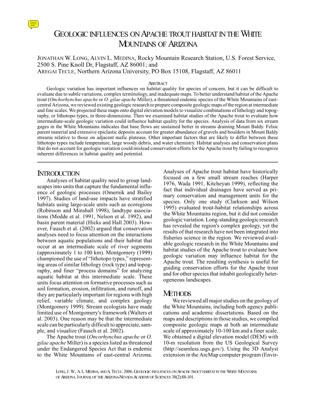 Geologic Influences on Apache Trout Habitat in the White Mountains of Arizona