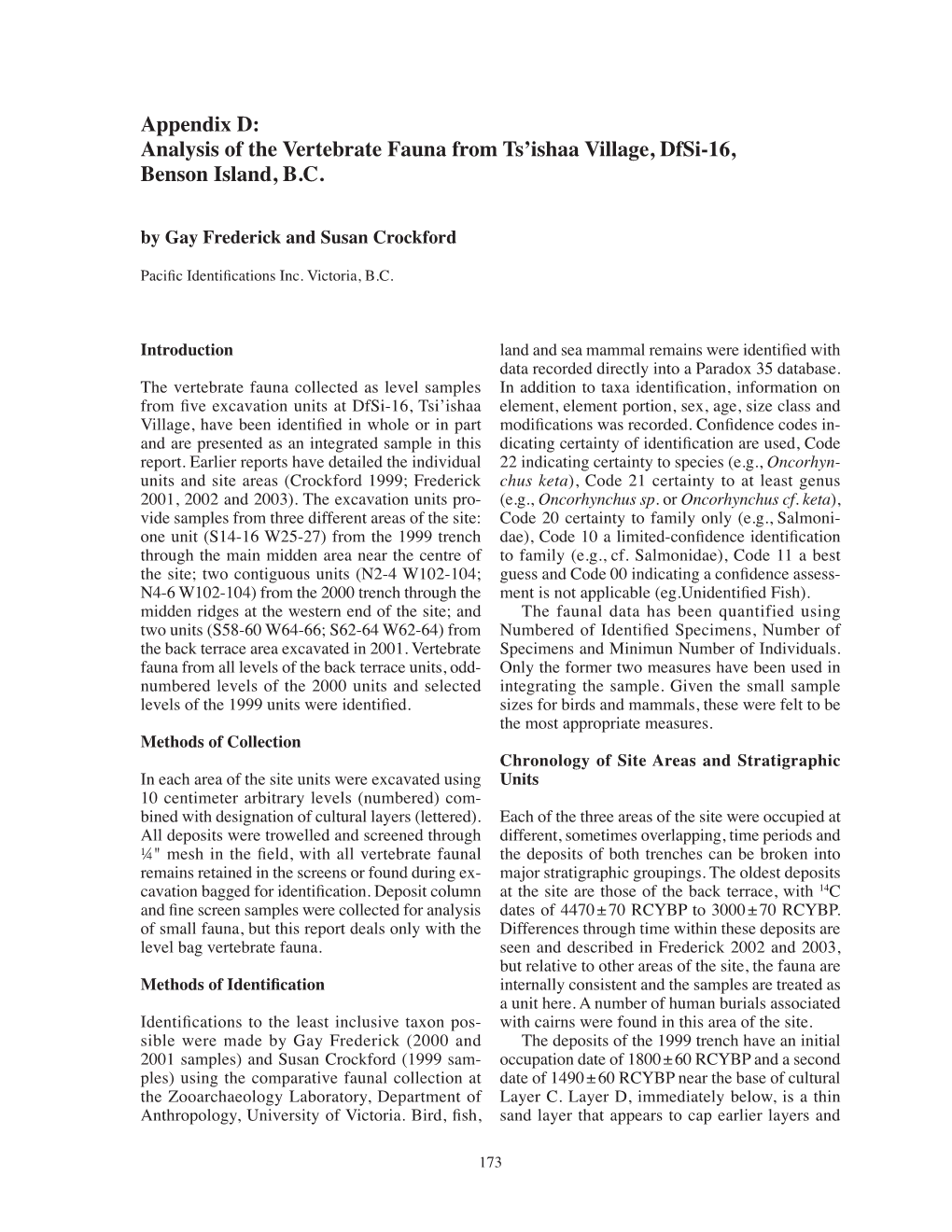 Analysis of the Vertebrate Fauna from Tsʼishaa Village, Dfsi-16, Benson Island, B.C