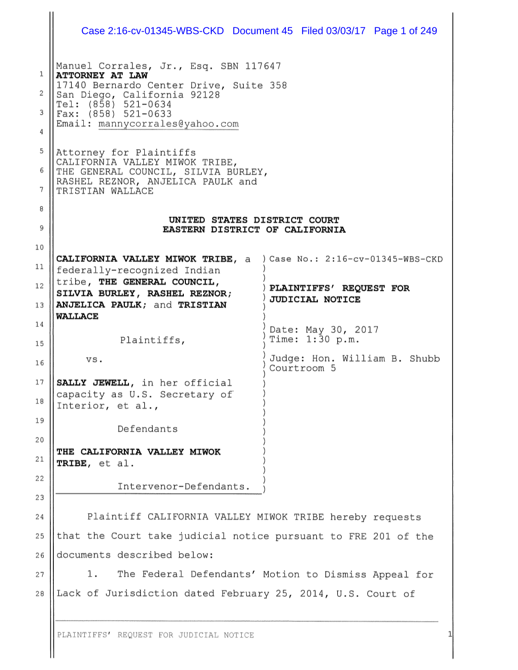 Case 2:16-Cv-01345-WBS-CKD Document 45 Filed 03/03/17 Page 1 of 249