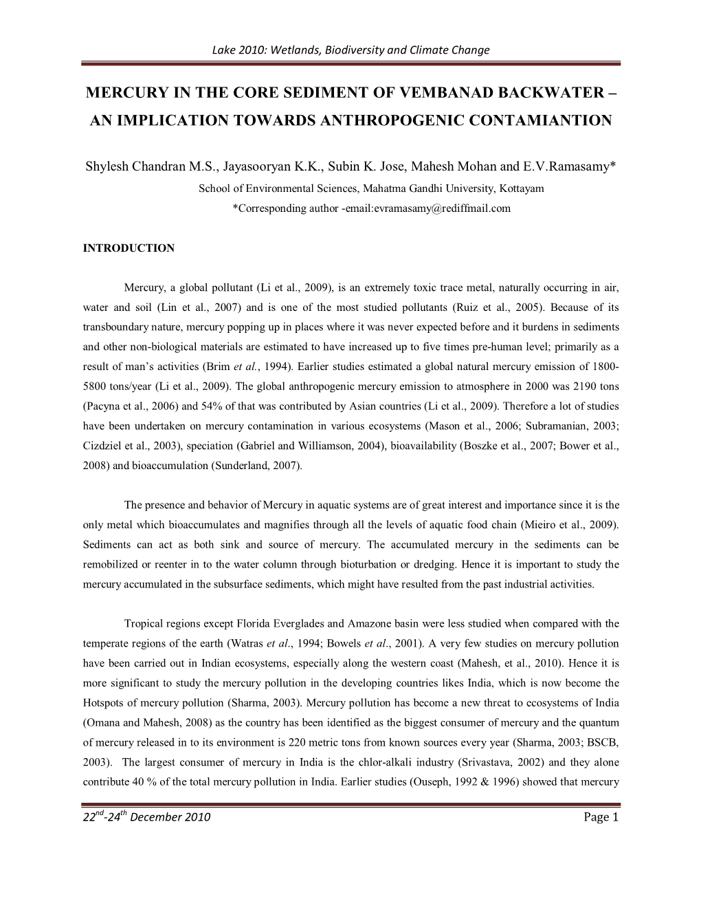 Mercury in the Core Sediment of Vembanad Backwater – an Implication Towards Anthropogenic Contamiantion