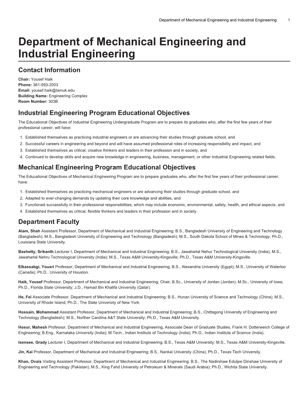 Department of Mechanical Engineering and Industrial Engineering 1