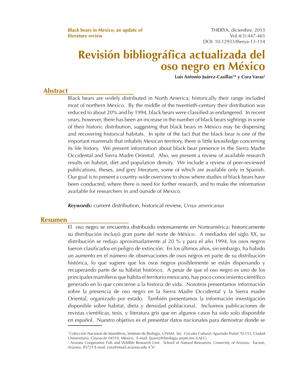 Revisión Bibliográfica Actualizada Del Oso Negro En México Luis Antonio Juárez-Casillas1* Y Cora Varas2