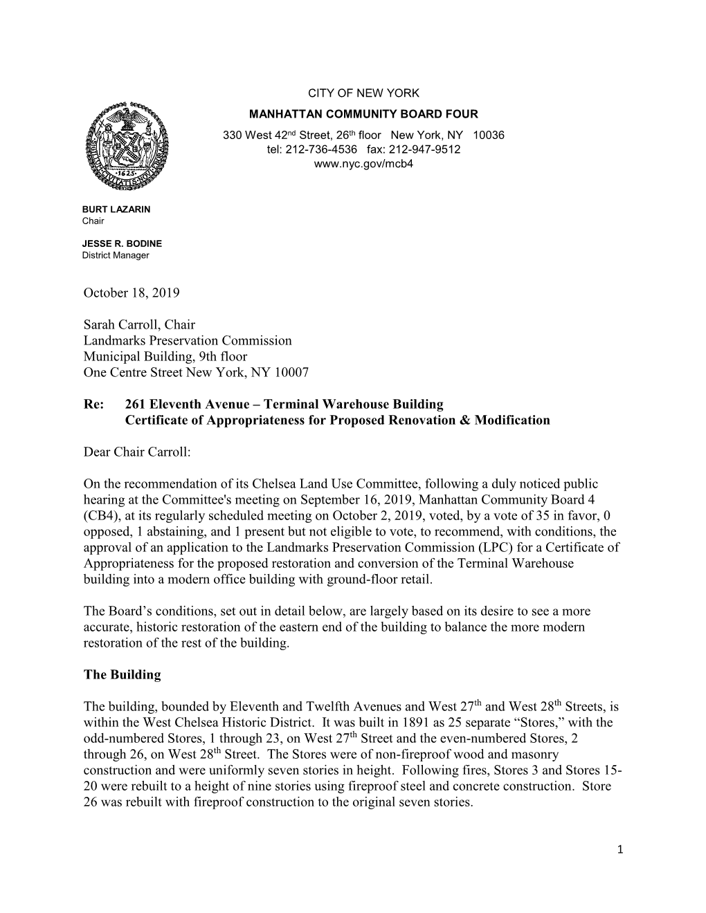 October 18, 2019 Sarah Carroll, Chair Landmarks Preservation