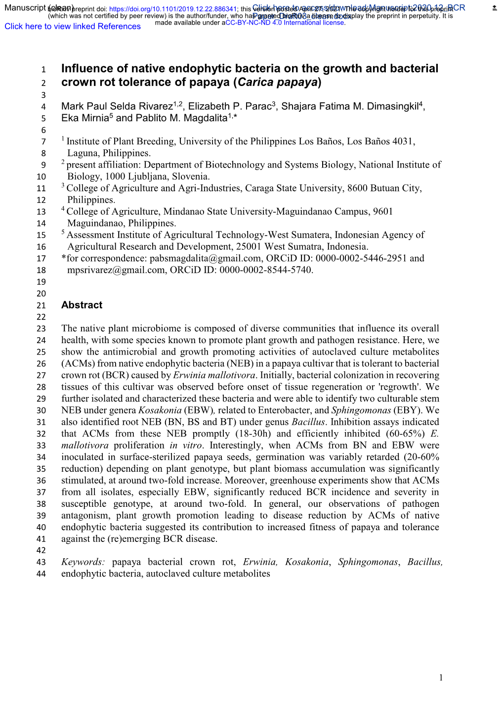 Influence of Native Endophytic Bacteria on the Growth and Bacterial 2 Crown Rot Tolerance of Papaya (Carica Papaya) 3 4 Mark Paul Selda Rivarez1,2, Elizabeth P