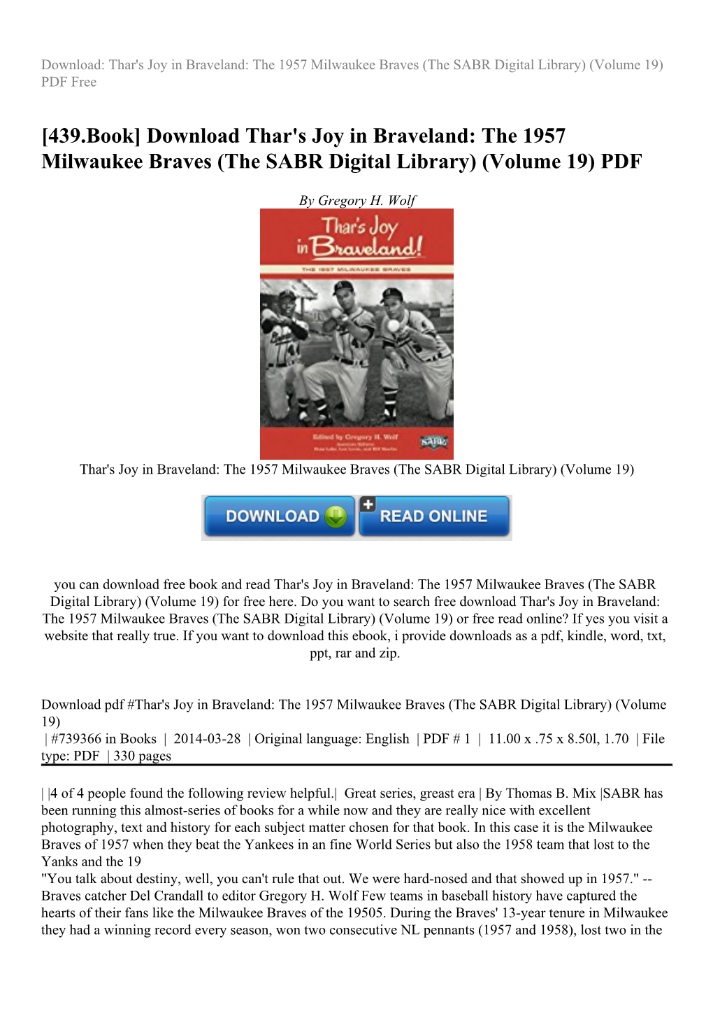 The 1957 Milwaukee Braves (The SABR Digital Library) (Volume 19) PDF Free