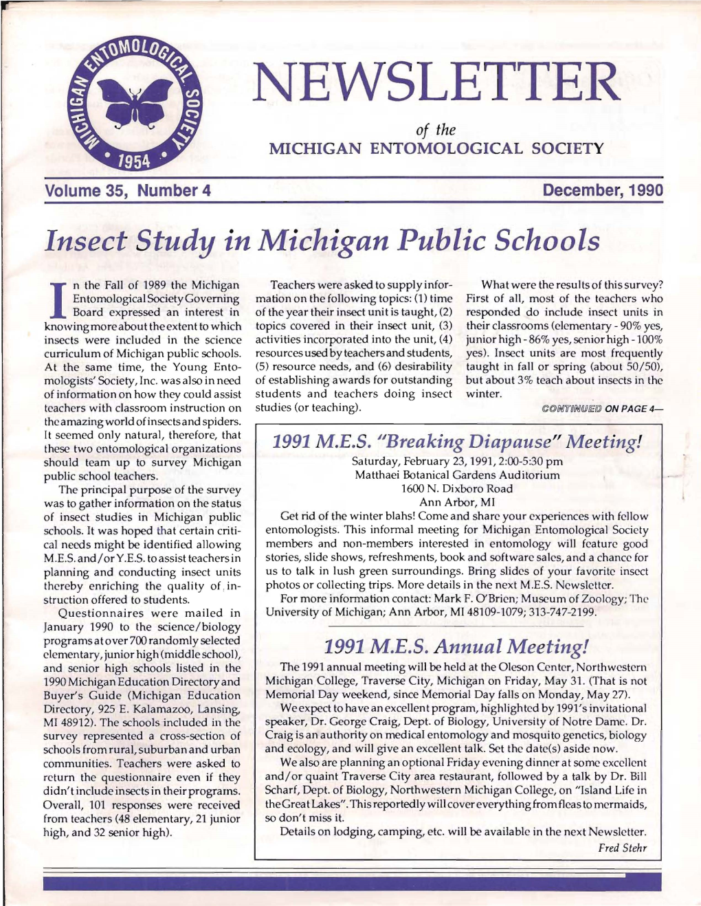NEWSLETTER of the MICHIGAN ENTOMOLOGICAL SOCIETY