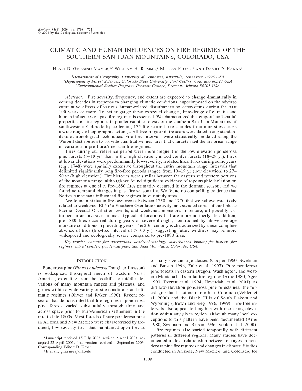 Climatic and Human Influences on Fire Regimes of the Southern San Juan Mountains, Colorado, Usa