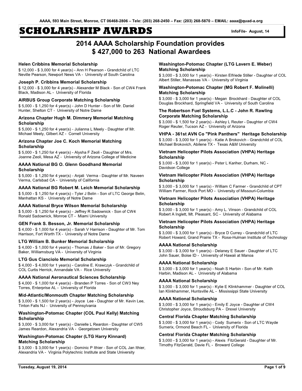 SCHOLARSHIP AWARDS Infofile- August, 14 2014 AAAA Scholarship Foundation Provides $ 427,000 to 263 National Awardees