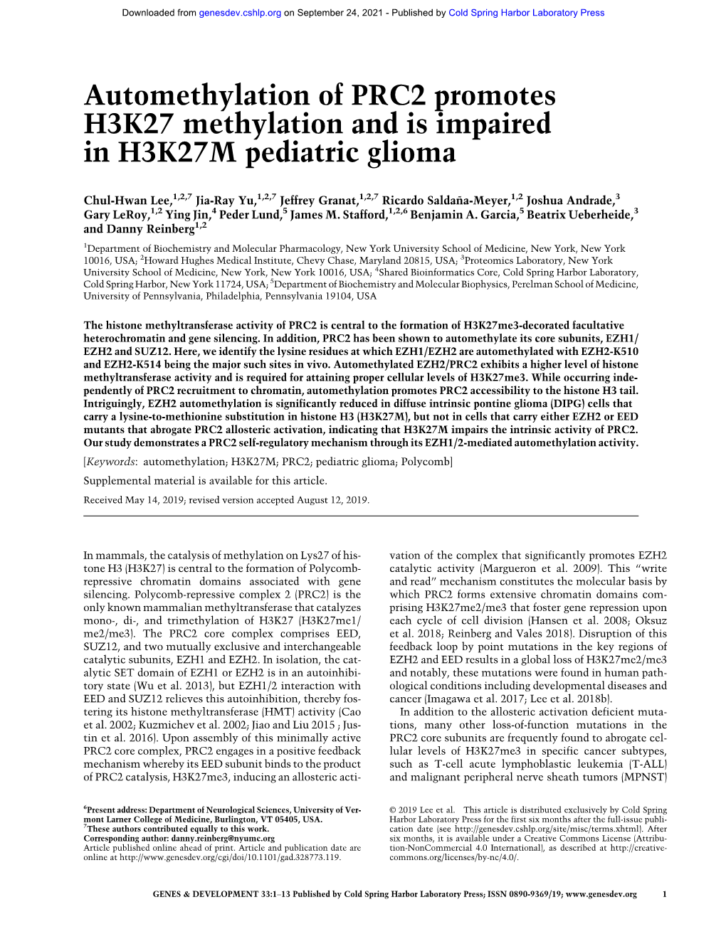 Automethylation of PRC2 Promotes H3K27 Methylation and Is Impaired in H3K27M Pediatric Glioma