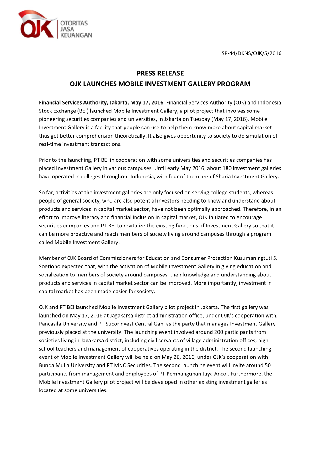 Press Release Ojk Launches Mobile Investment Gallery Program