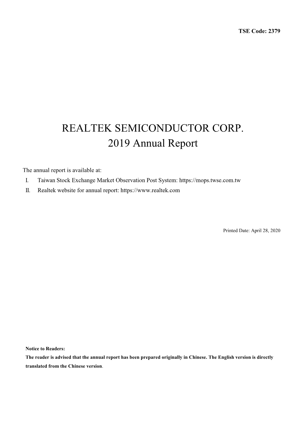 REALTEK SEMICONDUCTOR CORP. 2019 Annual Report
