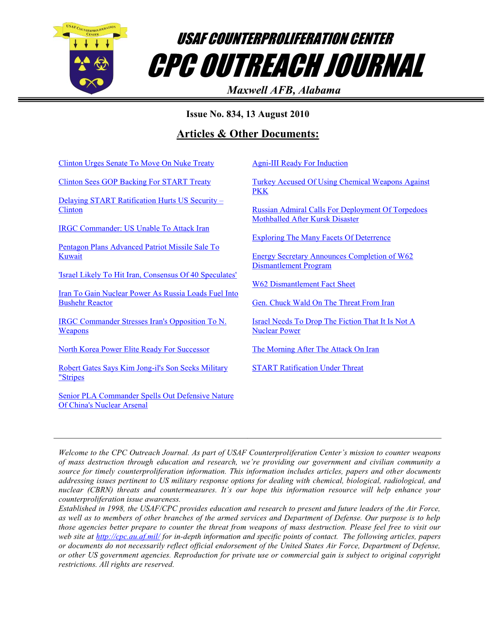 USAF Counterproliferation Center CPC Outreach Journal #834
