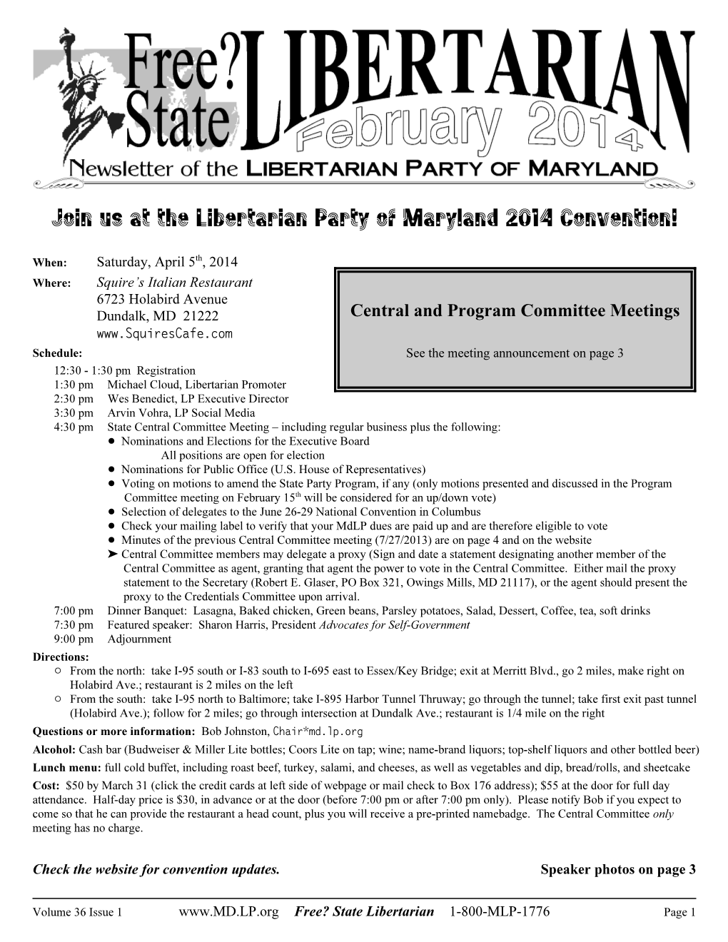 Join Us at the Libertarian Party of Maryland 2014 Convention!