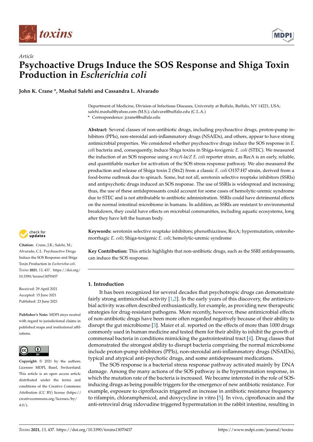 Psychoactive Drugs Induce the SOS Response and Shiga Toxin Production in Escherichia Coli