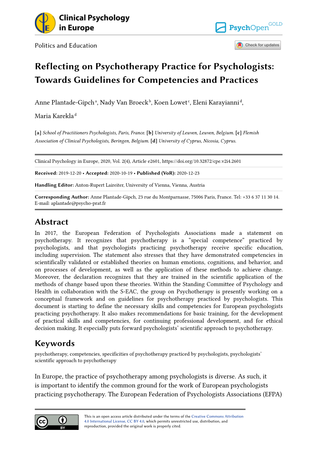 Reflecting on Psychotherapy Practice for Psychologists: Towards Guidelines for Competencies and Practices