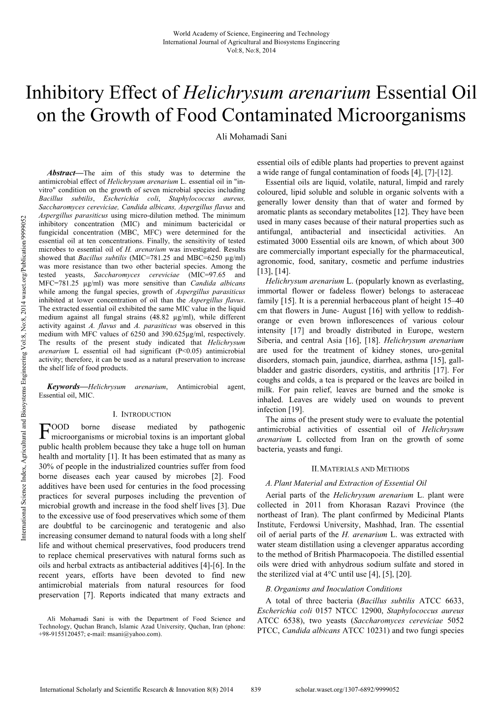 Helichrysum Arenarium Essential Oil on the Growth of Food Contaminated Microorganisms Ali Mohamadi Sani