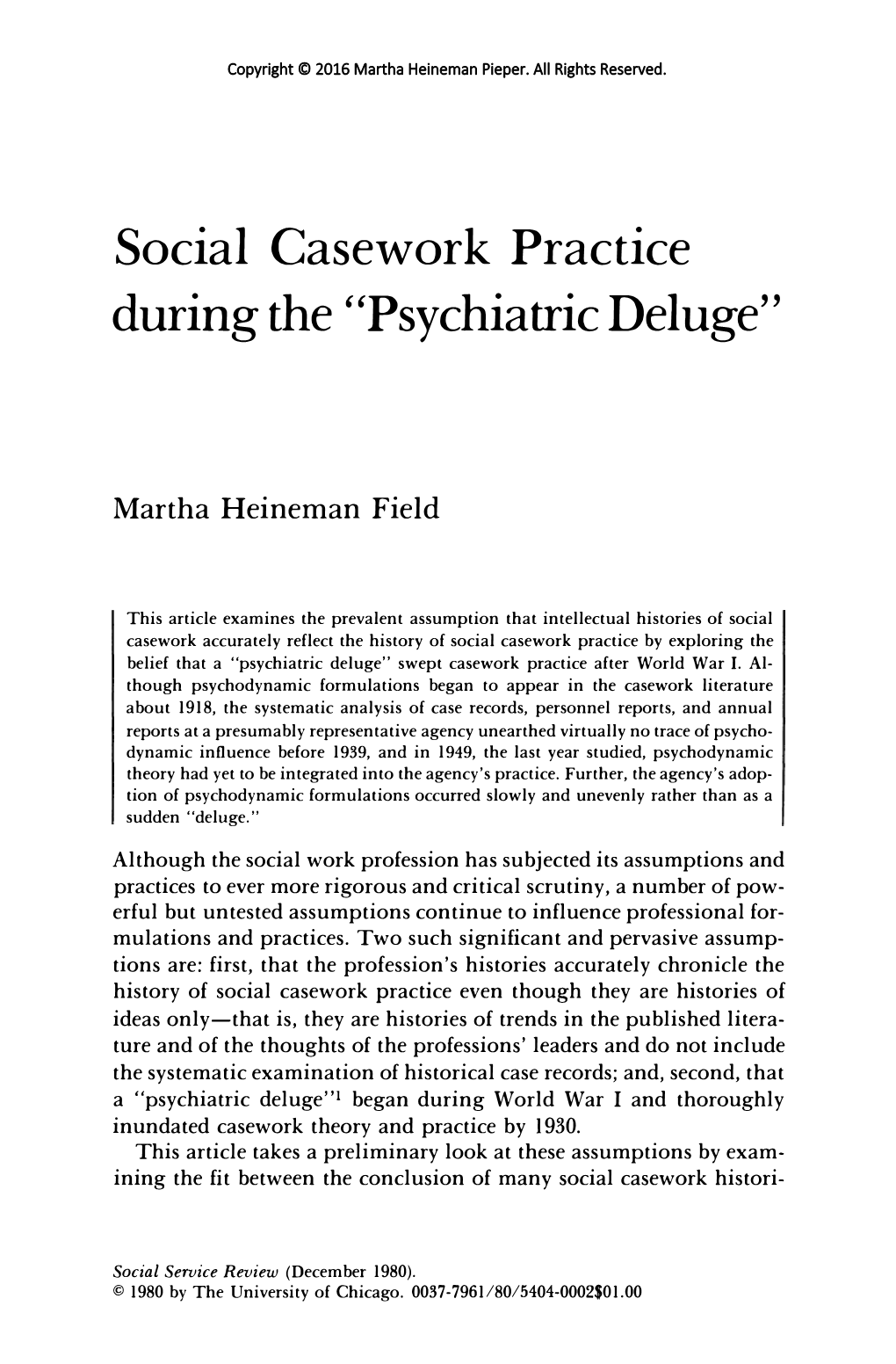 Social Casework Practice During the "Psychiatric Deluge"