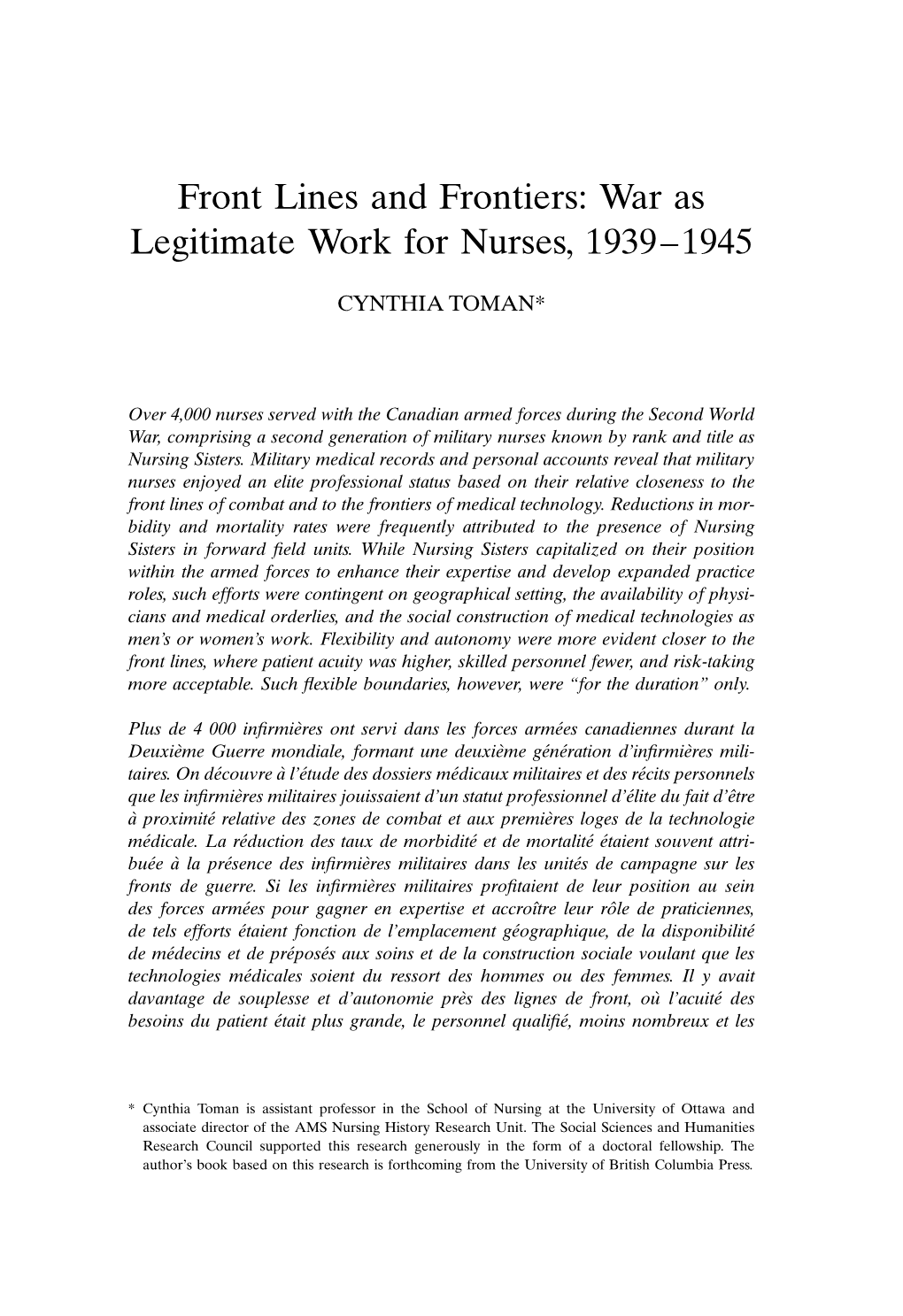 Front Lines and Frontiers: War As Legitimate Work for Nurses, 1939–1945