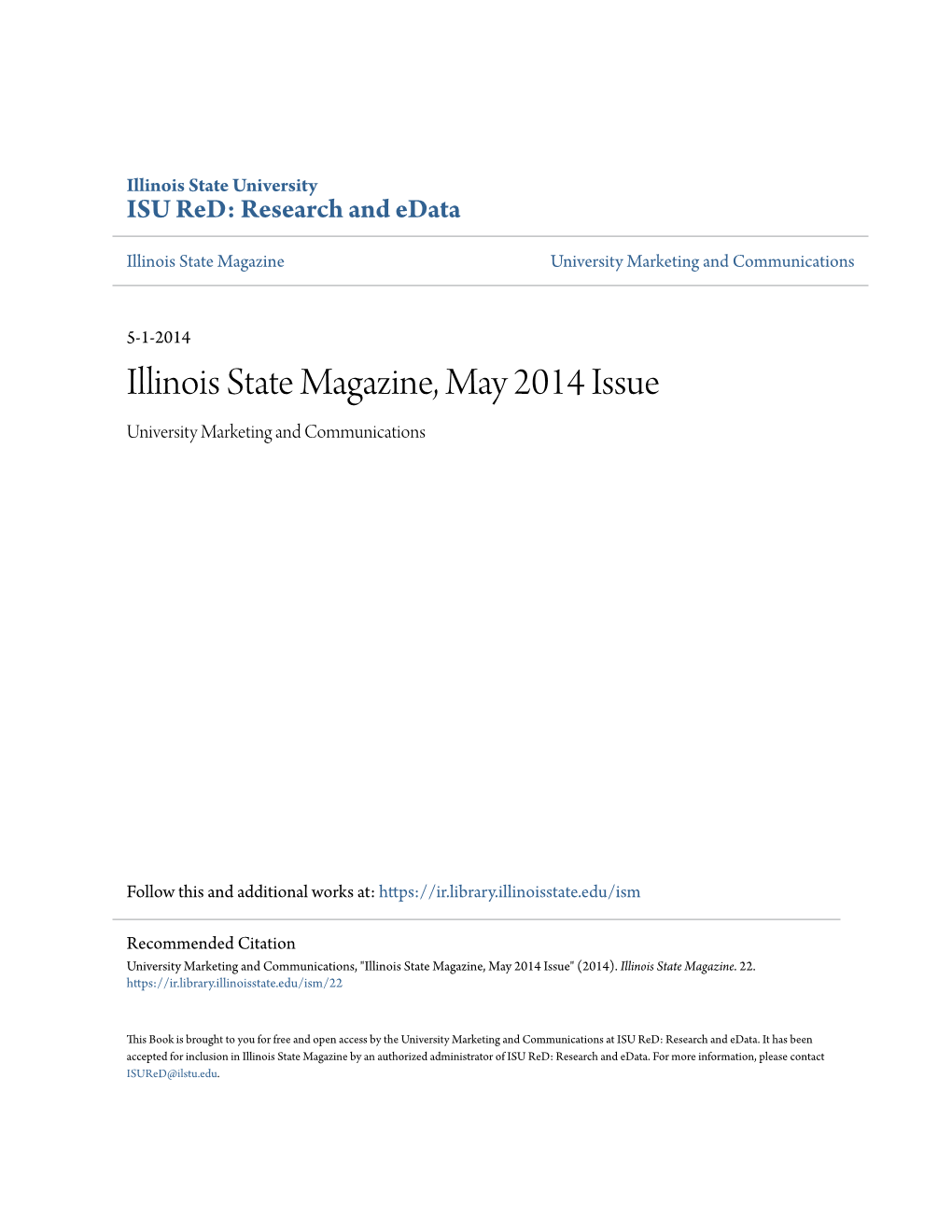 Illinois State Magazine, May 2014 Issue University Marketing and Communications