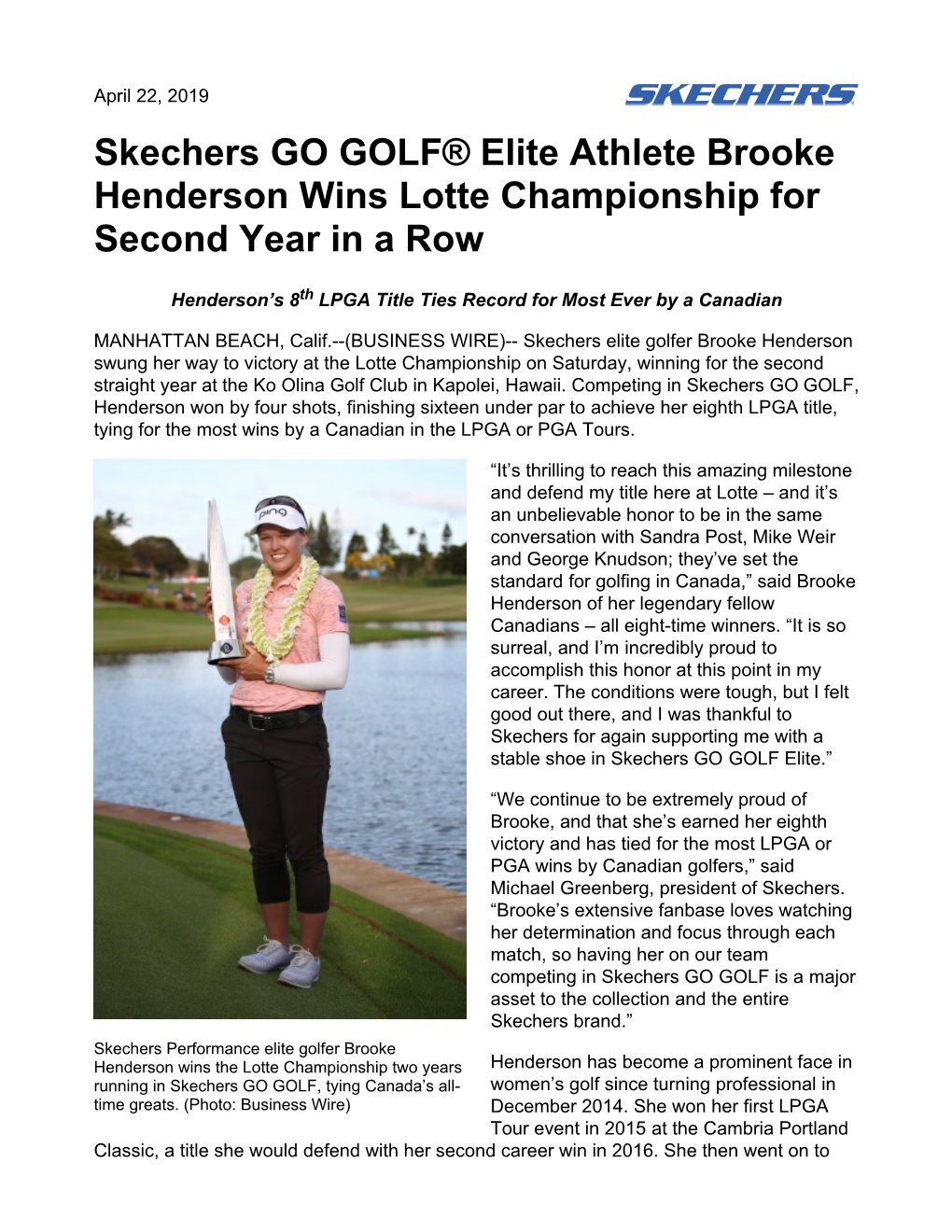 Skechers GO GOLF® Elite Athlete Brooke Henderson Wins Lotte Championship for Second Year in a Row