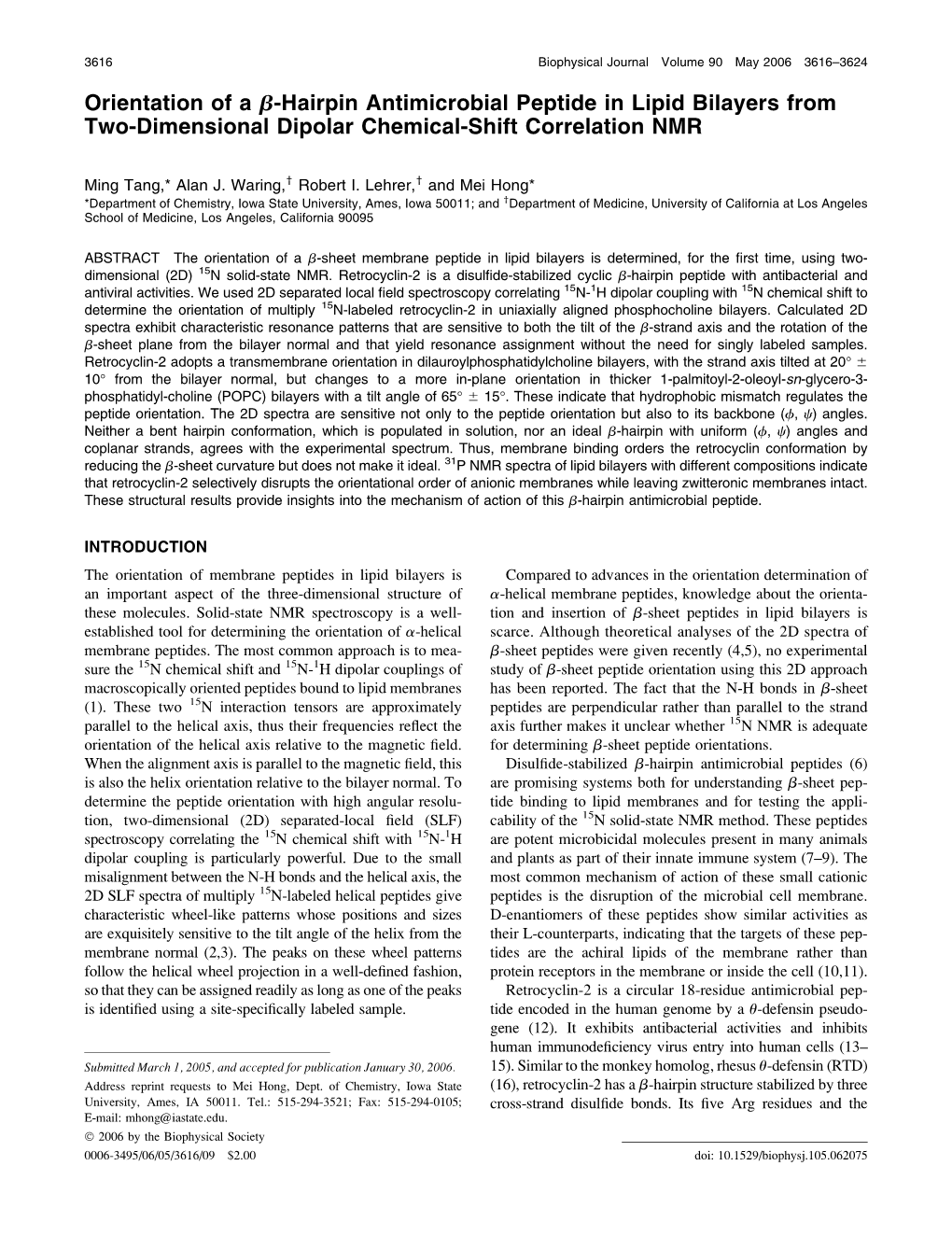 Orientation of a B-Hairpin Antimicrobial Peptide in Lipid Bilayers from Two-Dimensional Dipolar Chemical-Shift Correlation NMR