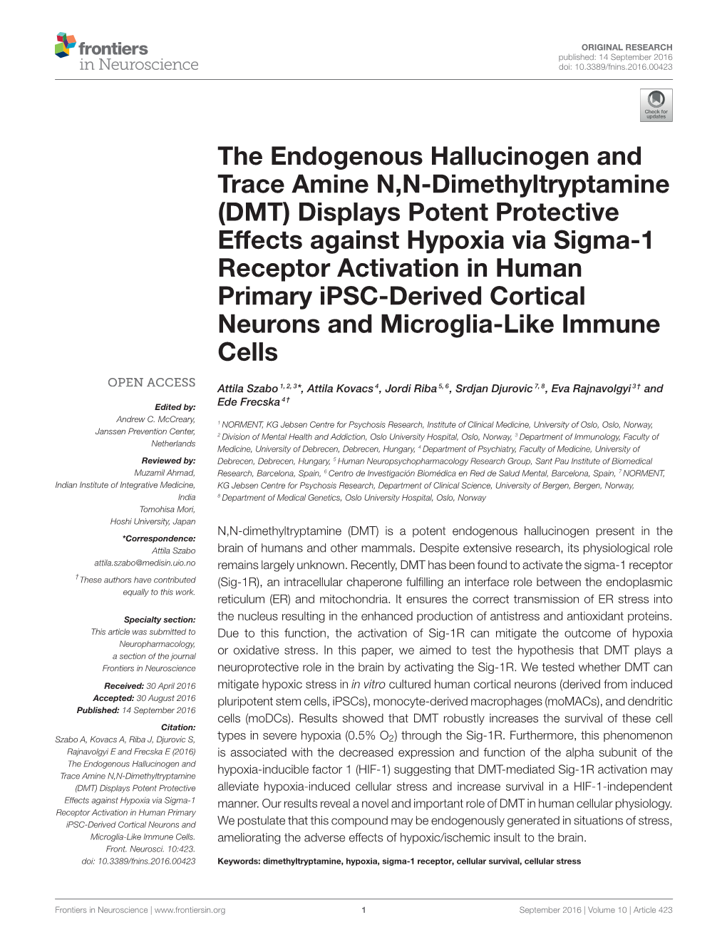 (DMT) Displays Potent Protective Effects Against Hypoxia