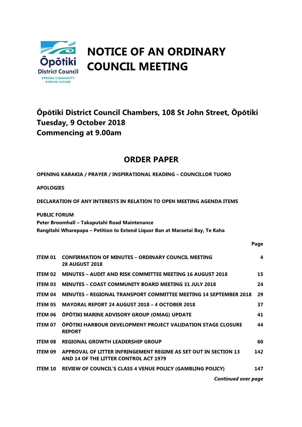 Notice of an Ordinary Council Meeting