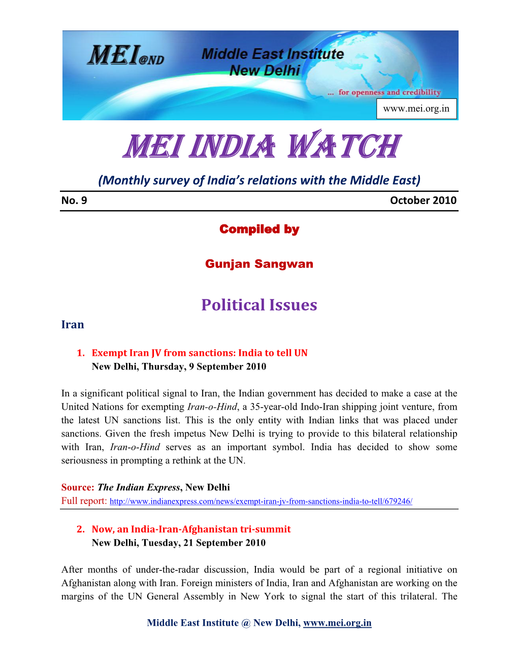 MEI INDIA WATCH (Monthly Survey of India’S Relations with the Middle East) No