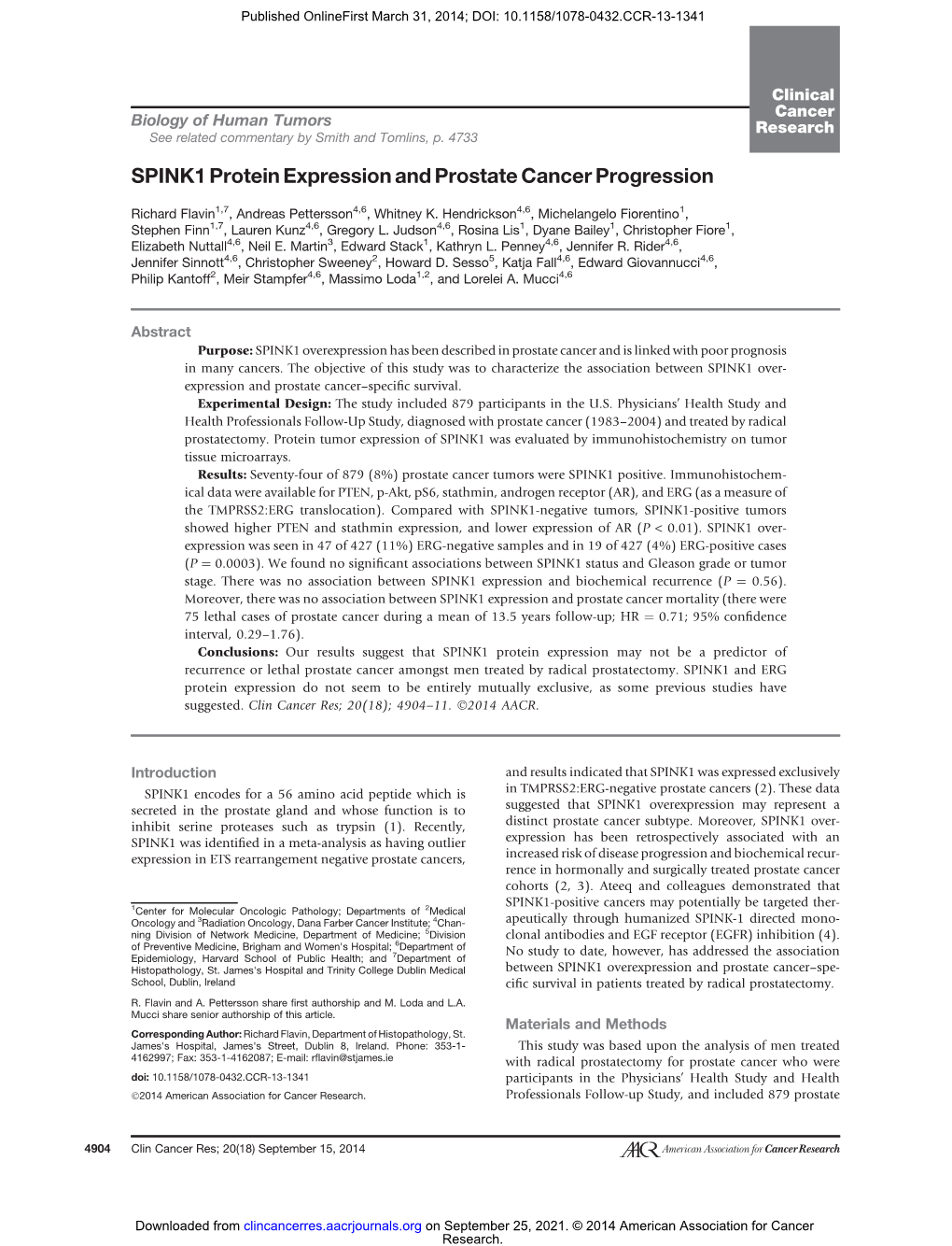 SPINK1 Protein Expression and Prostate Cancer Progression