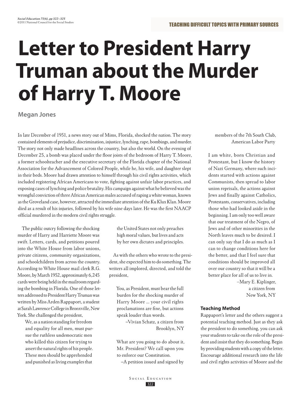 Letter to President Harry Truman About the Murder of Harry T. Moore Megan Jones