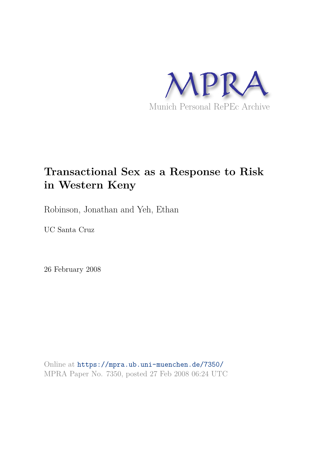 Transactional Sex As a Response to Risk in Western Keny