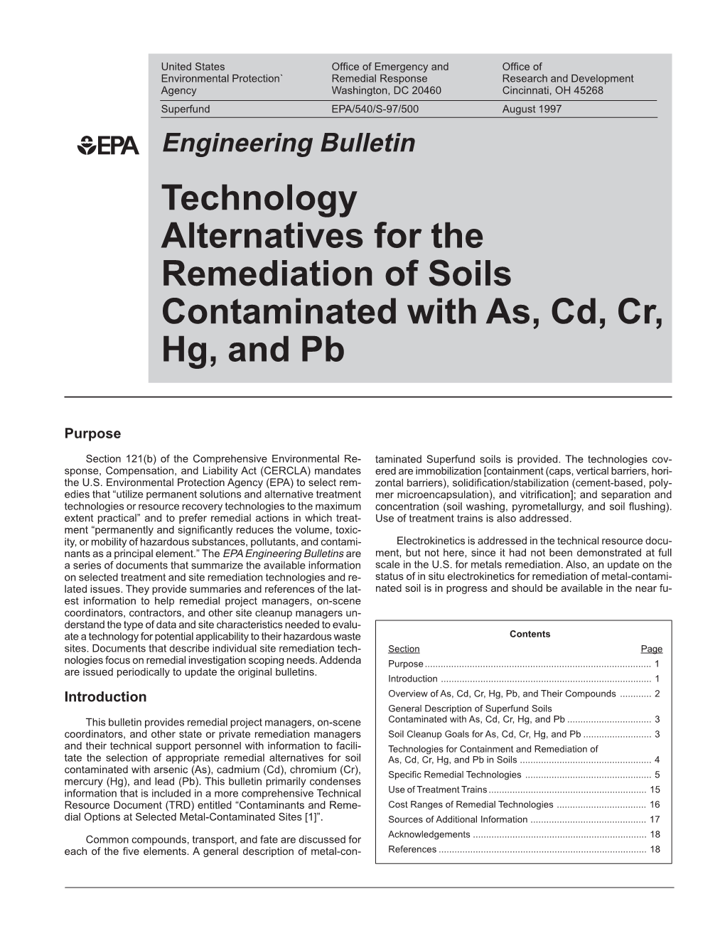 Technology Alternatives for the Remediation of Soils Contaminated with As, Cd, Cr, Hg, and Pb