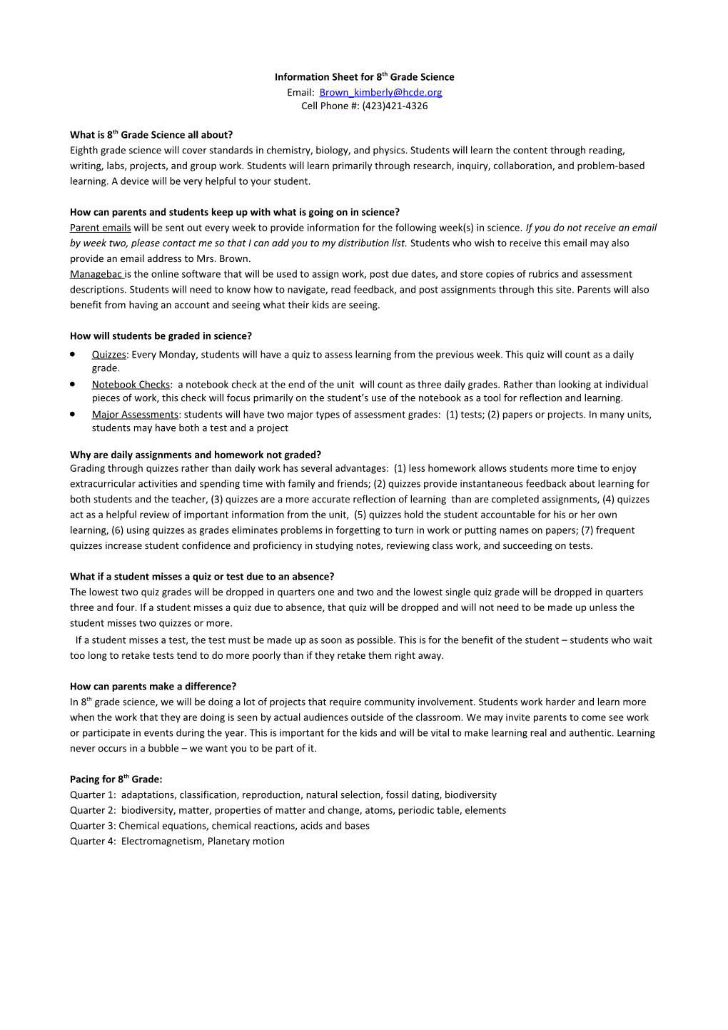 Information Sheet for 8Th Grade Science