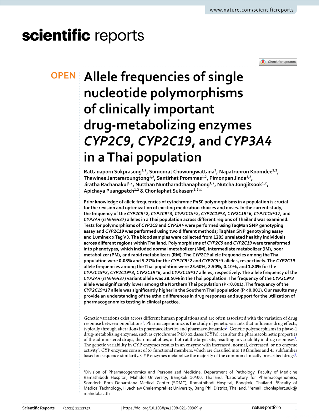 Allele Frequencies of Single Nucleotide Polymorphisms of Clinically