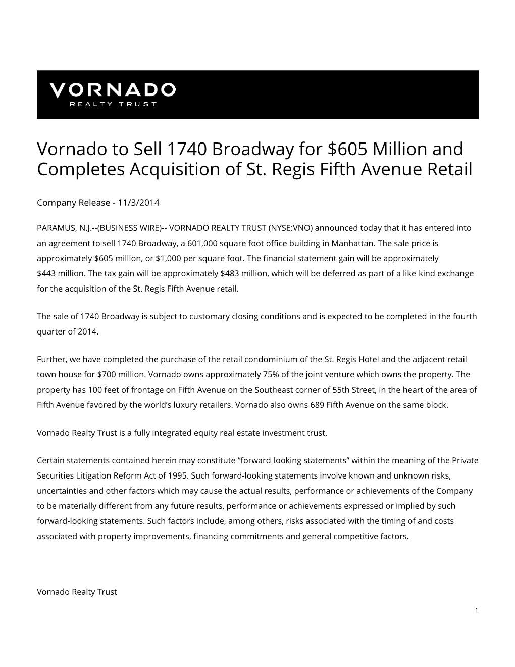Vornado to Sell 1740 Broadway for $605 Million and Completes Acquisition of St